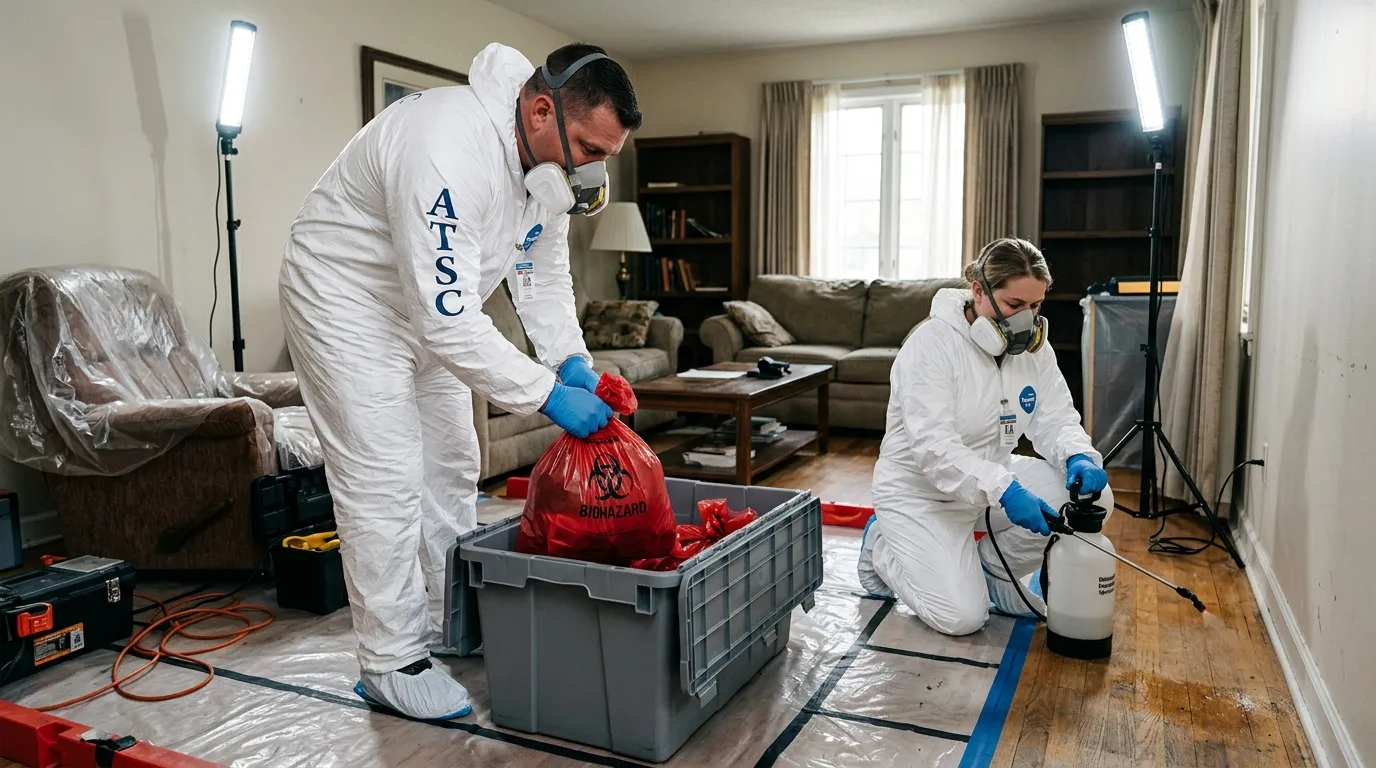 Professional Biohazard Cleanup technician in full PPE working in Woodcliff Lake